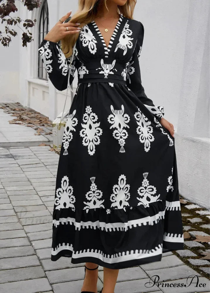 Stylish Printed V-neck A-line Boho Dress bohodress-250126