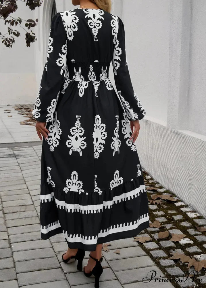 Stylish Printed V-neck A-line Boho Dress bohodress-250126