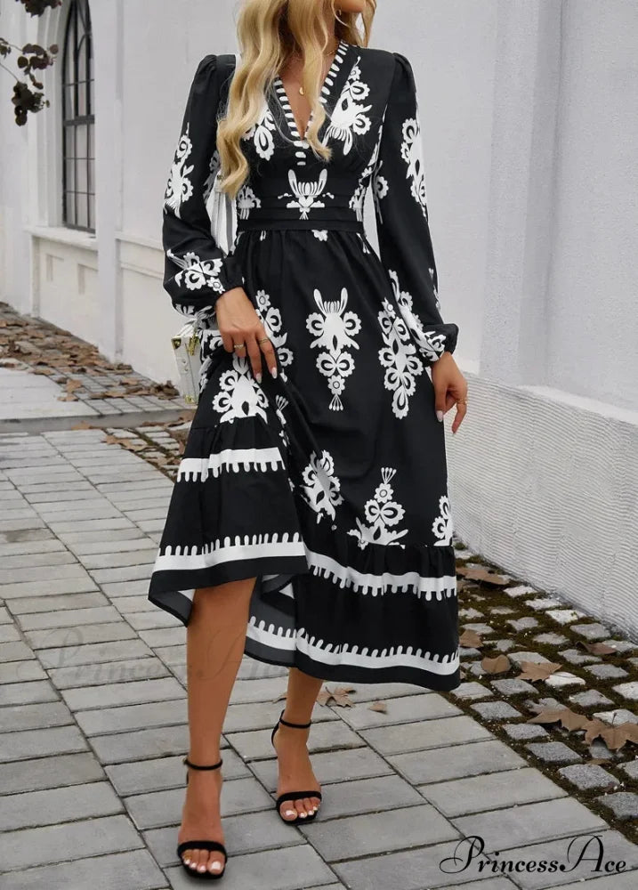 Stylish Printed V-neck A-line Boho Dress bohodress-250126