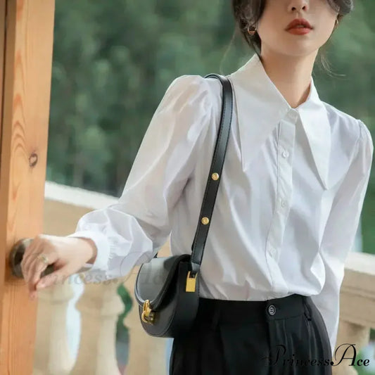 Stylish Puff Sleeve Folded Collar White Blouse blouse-250126