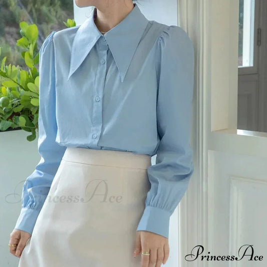 Stylish Puff Sleeve Folded Collar White Blouse Blue / S blouse-250126