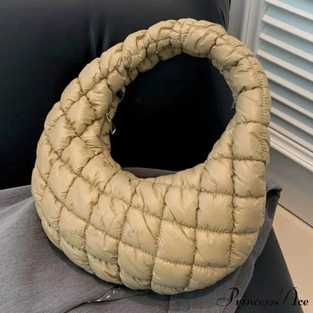 Stylish Quilted Puffer Fluffy Pleated Shoulder Handbag Khaki handbag-250126