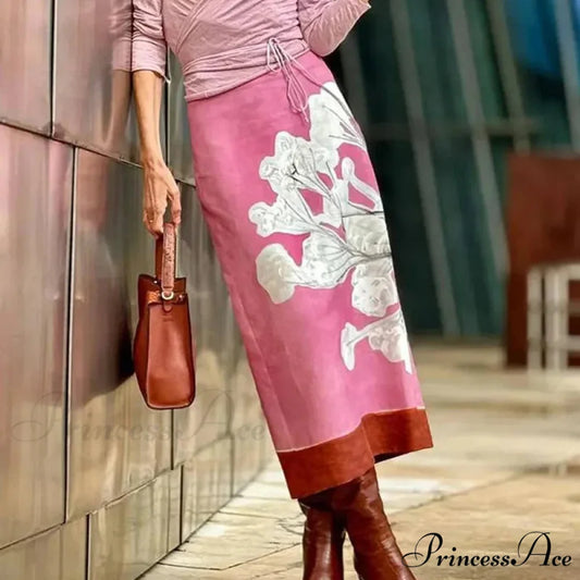 Stylish Rose Floral Printed Mid Waist Slit Midi Pencil Skirt skirt-250126