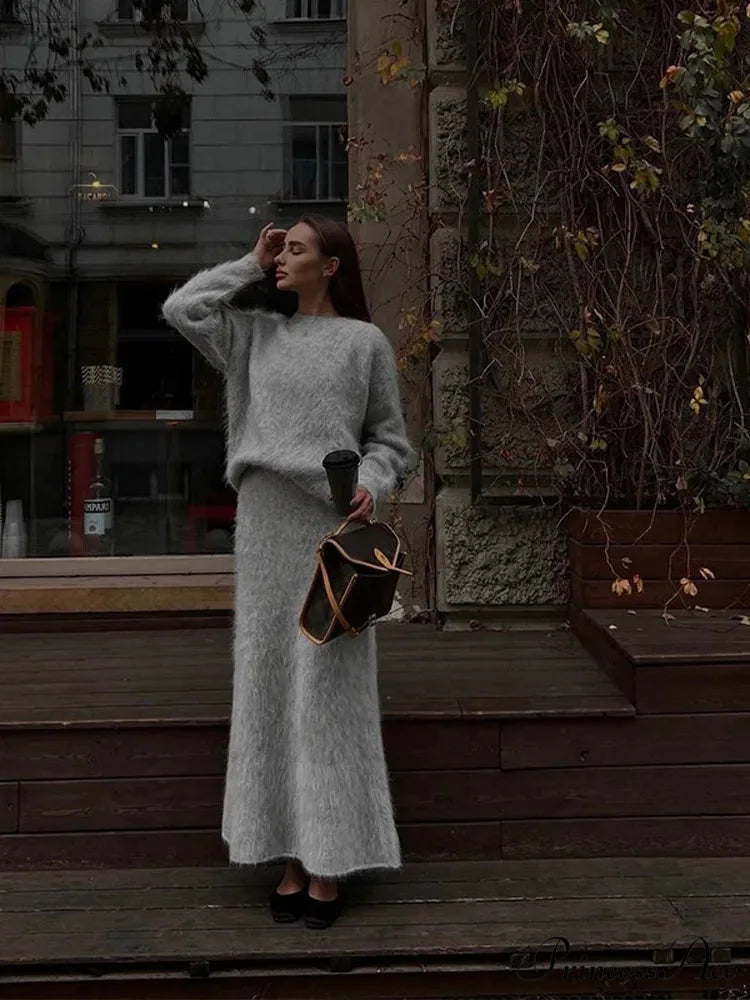Stylish Round-neck Cashmere Skirt Pullover Grey suit / S swraters-241228