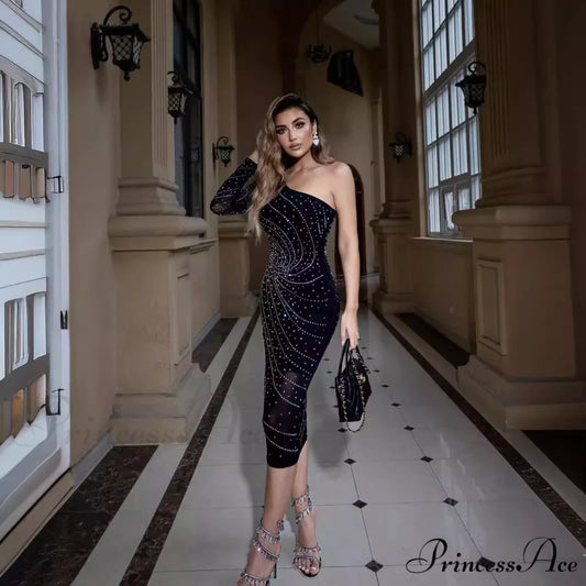 Stylish Single-Shoulder Crystal Slimming Gown Prom Gown promdress-250223