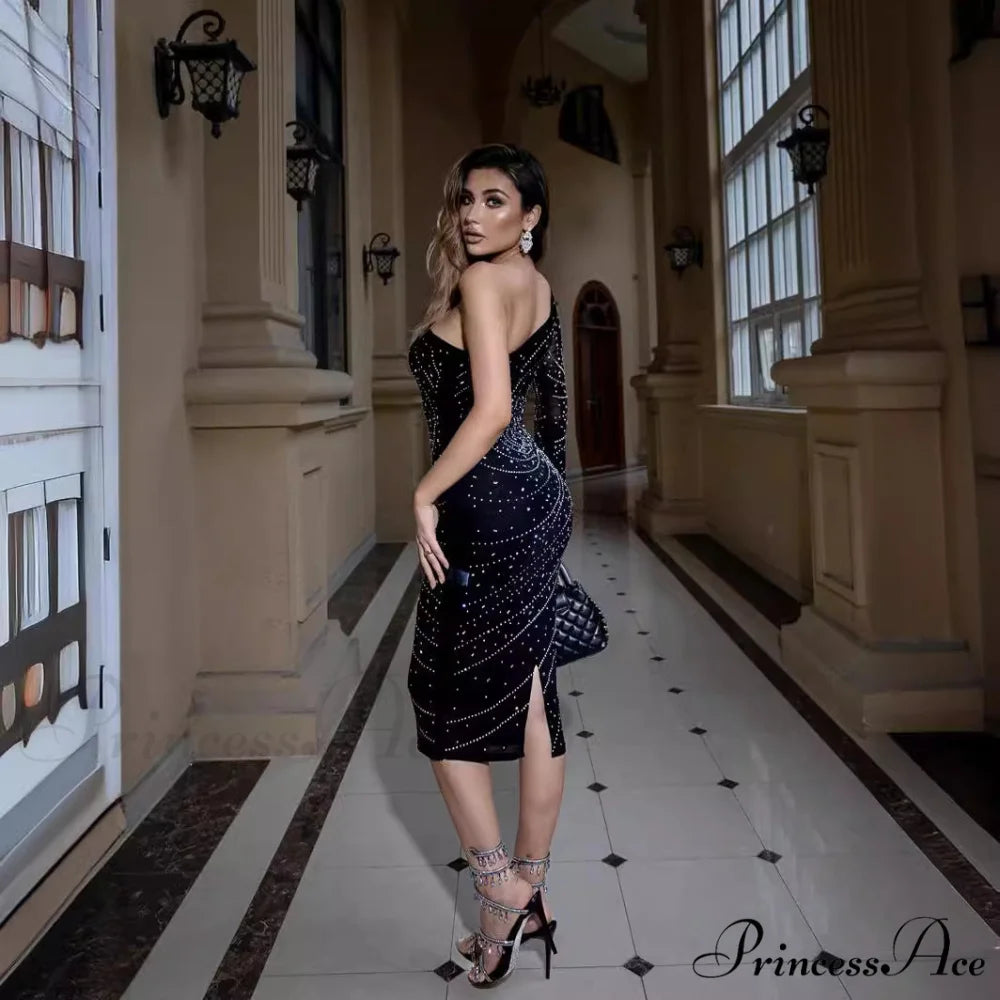 Stylish Single-Shoulder Crystal Slimming Gown Prom Gown promdress-250223