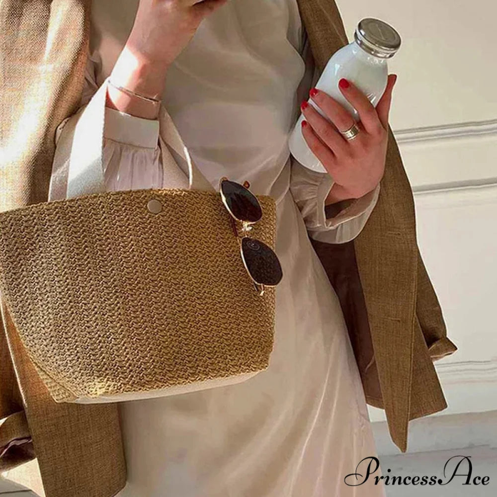 Stylish Straw Woven Beach Informal Top-Handle Shoulder Purse Beige handbag-250126