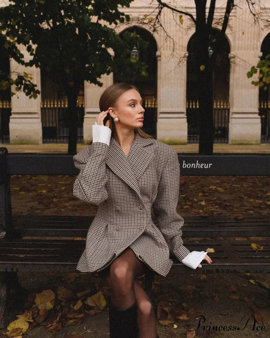 Stylish Tartan Printed Lapel Coat Grey / S coats-241228