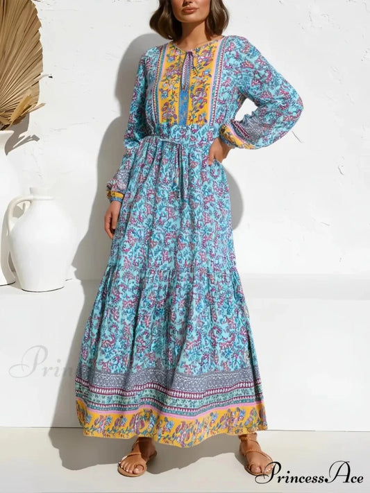 Stylish Tie-up Flower Pattern Bohemian Dress Blue / S bohodress-250126