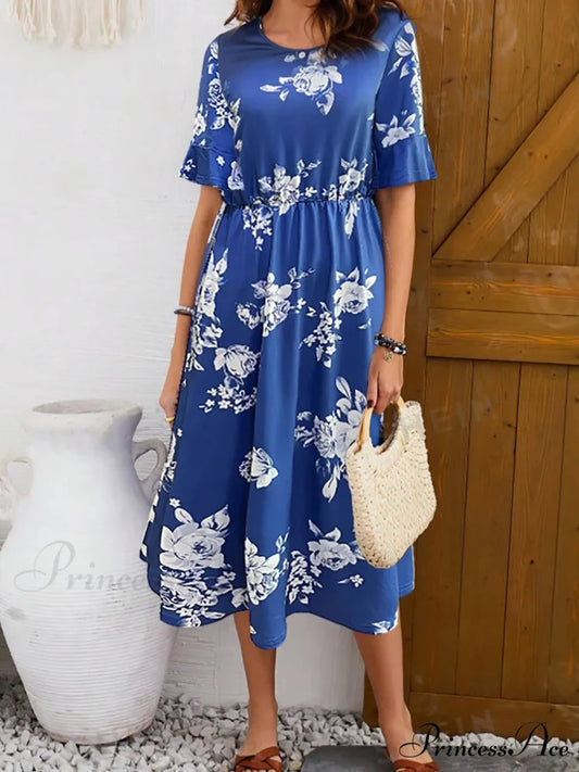Stylish Trendy Printed Circular Neck Short Sleeve Floral Dress blue / S oldfloraldress-250126