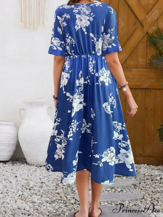 Stylish Trendy Printed Circular Neck Short Sleeve Floral Dress oldfloraldress-250126