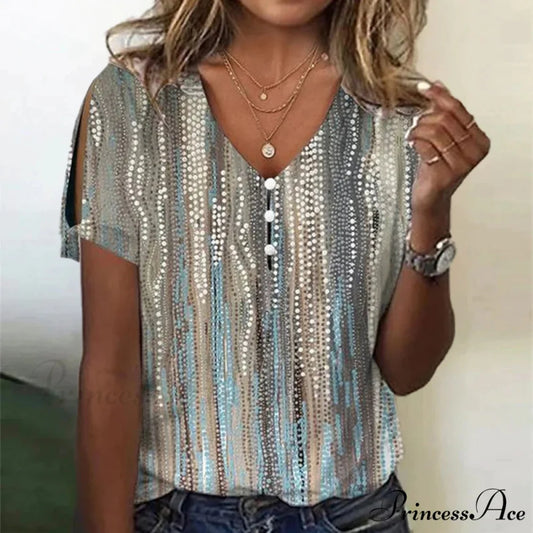 Stylish V-Neck Buttoned Tee Multicolor / S