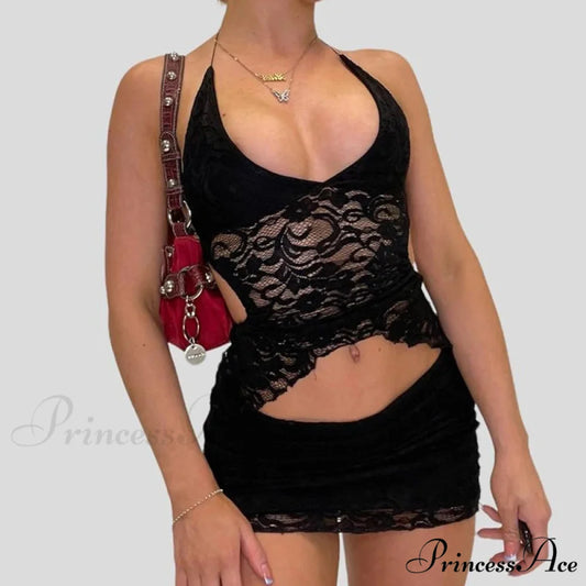 Stylish V Neck Halter Fasten Bandage Crop Top Mini Pencil Skirt Two Pieces Set Black / S twopiecesset-250126