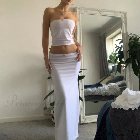 Stylish Women Chest Wrap Tube Tops + Low Rise Long Skirt Summer Strapless Camis Crop Tops Y2K Fairycore Vintage 2 Piece