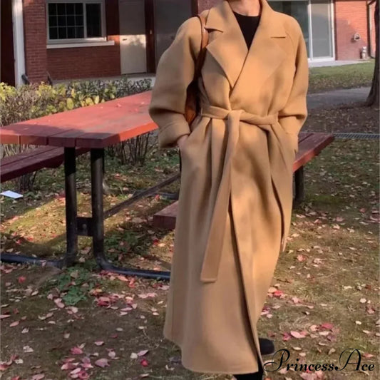 Stylish Woolen Cinched Long Overcoat Camel / S overcoats-241228
