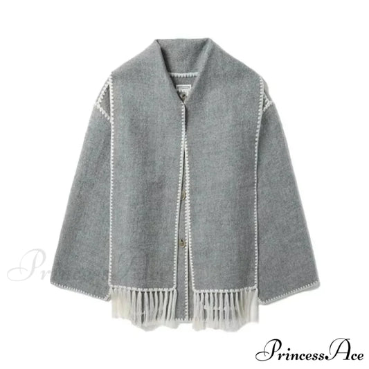 Stylish Woolen Coat With Scarf Fringes Overcoat gray / S overcoats-241228