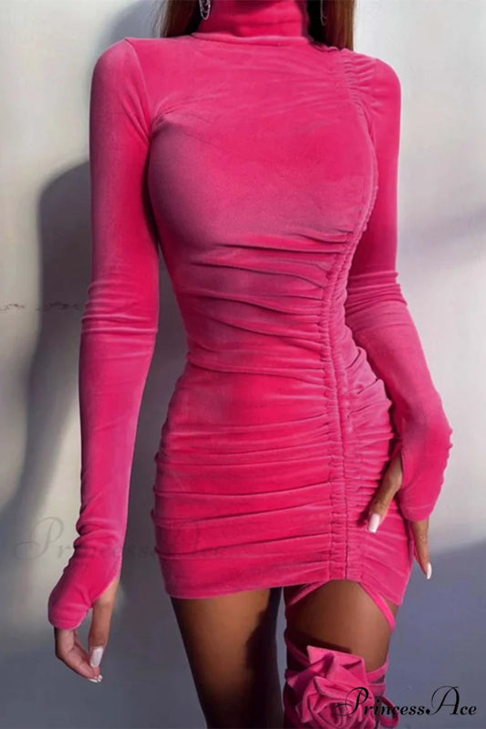 Suede Mock Neck Drawstring Floral Mini Dress Rose / S