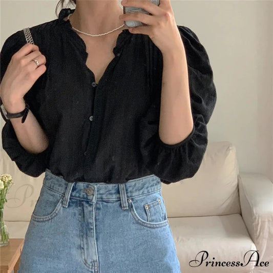 Sugary Balloon Sleeve Generous Retro Blouse Black / S blouse-250223
