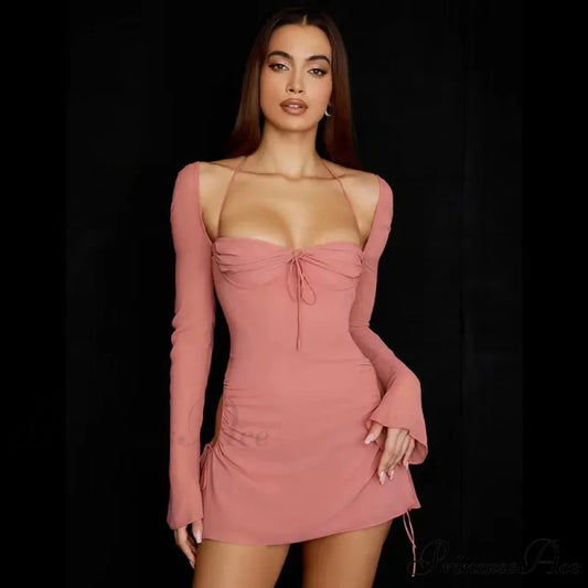 Summer Casual Long Sleeve Solid Bandage Accessory Y2K Vestidos Korean Popular Cut Out Dress