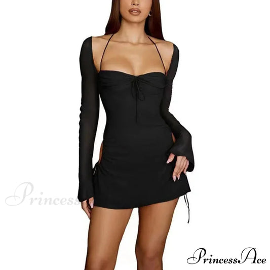 Summer Casual Long Sleeve Solid Bandage Accessory Y2K Vestidos Korean Popular Cut Out Dress Black / S