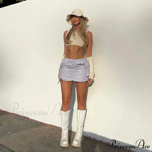 Summer Color Cargo Bodycon Pleated Mini Skirt GRAY / S