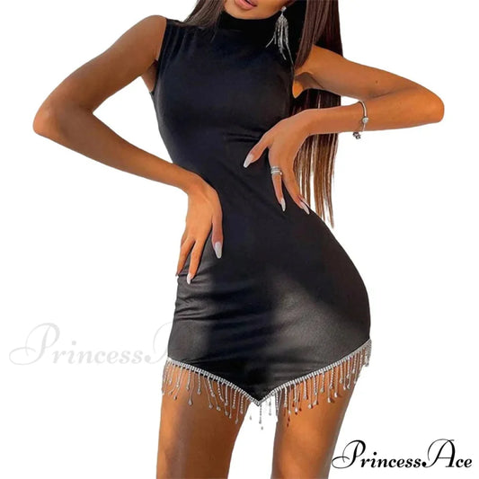 Summer Contrast Color Rhinestones Mini Dress - Round Neck Sleeveless Party Dress Black / S