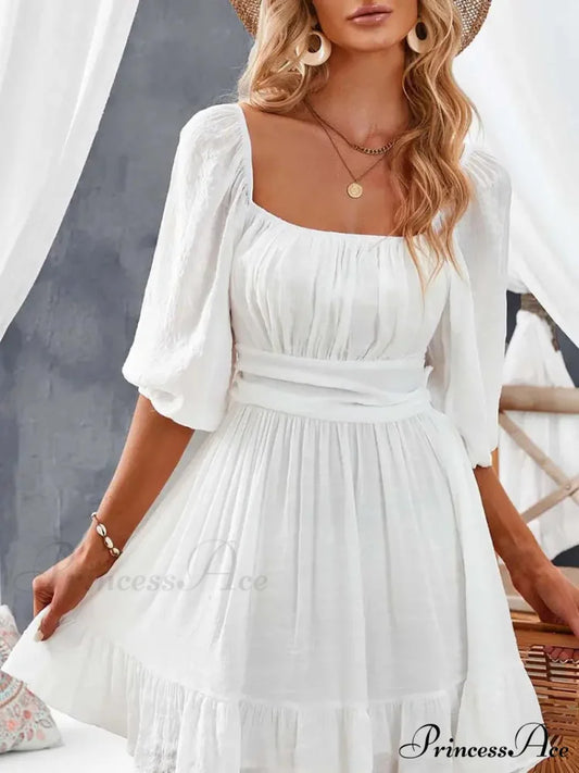 Summer Dress with Lantern Sleeves and Square Neck Ruffle Back S / Blue