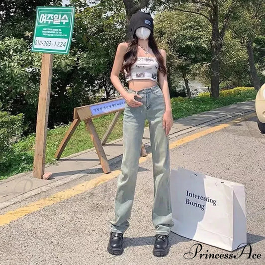 Summer Korean Version Straight-Leg Retro Washed Casual Jean yellow mud / XS