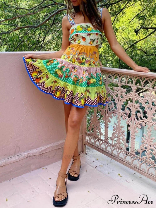 Summer MulticolorLemon Preated Charming Hem Mini Dress