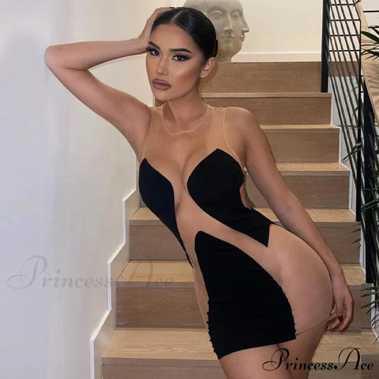 Summer New Line Women’s Mesh Perspective Splice Milk Silk Contrast Cut Out Dress Black / S