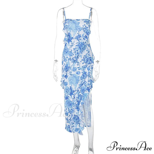 Summer Off-the-Shoulder Flanged Splicing Split Halter Sexy Costume Fashion es 2024 Floral Dress BLUE / S