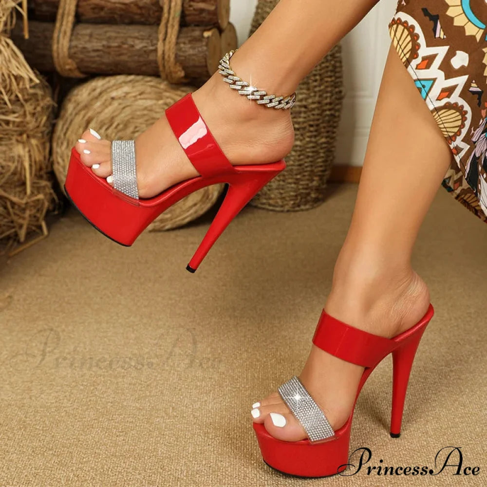 Summer Open Toe 15CM Ultra High Heels Platform Slippers with Crystal Rhinestones - Women’s Party Club Sandals