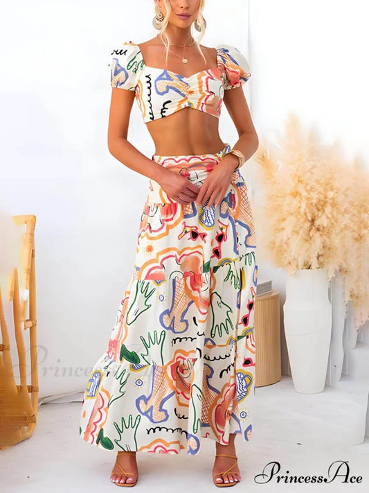 Summer Printed Top And Graceful Wrap Skirt Two-Piece Suit