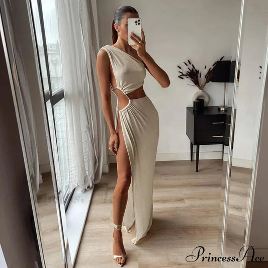 Summer-ready Sleeveless Backless Cut-out Split Gown-style Sensual Maxi Dress light apricot / S