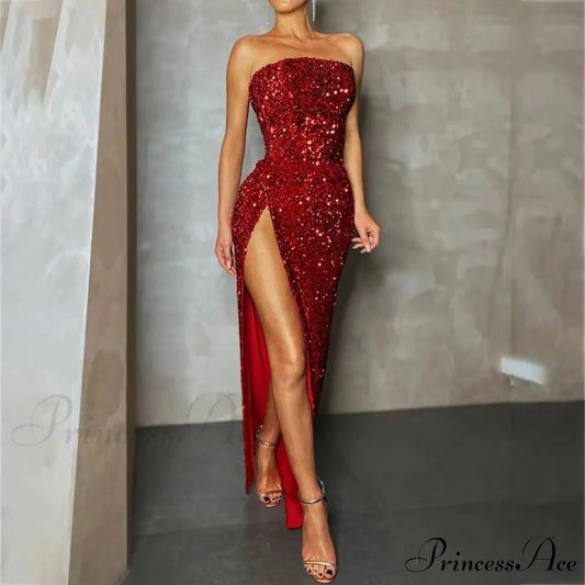 Summer Sequin Sexy High Slit Elegant Christmas Party Dress Red / M