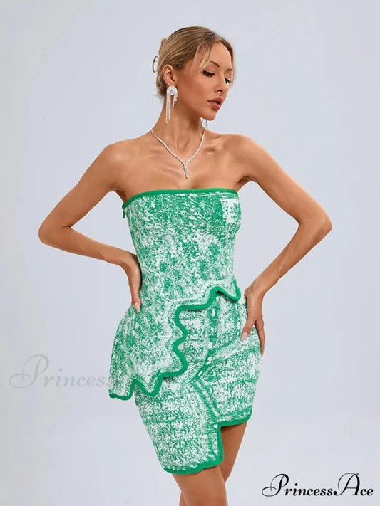 Summer Sexy Asymmetric Strapless Top Mini Skirts Two Piece Christmas Party Dress Green / XS