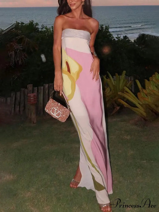 Summer Sexy Chest-Wrapped Charming Printed Floor-Length Maxi Dress Pink / S