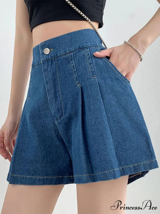 Summer Size Denim High Elastic Waist Pleated Mini Large Size Short Blue / L