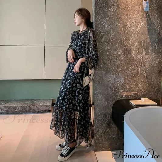 Summer Thin Floral Chiffon Lace Vintage Black Boho Dress