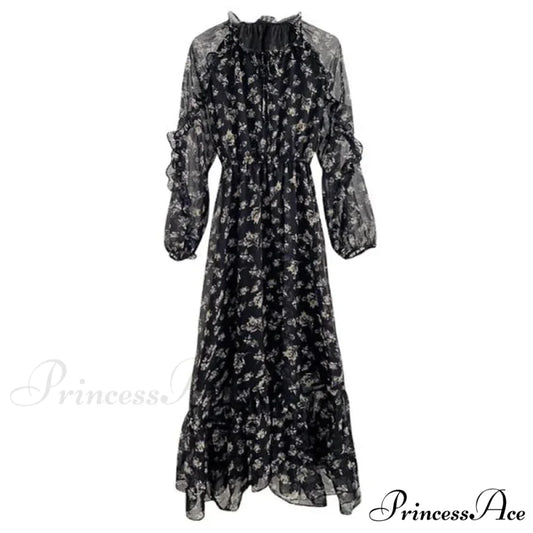 Summer Thin Floral Chiffon Lace Vintage Black Boho Dress Black / S