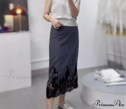 Superior Skirt with Lace Distinctive Design for Office Ladies Grey / M skirt-250126
