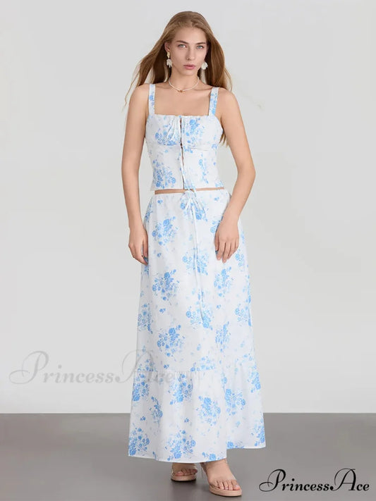 Suspend Crop Tank Top Cinch A-line Skirt Floral Dress Blue / S floraldress-250126