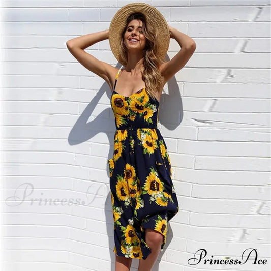 Suspend V-neck Sleeveless Floral Holiday Dress Navy blue / S oldfloraldress-250126