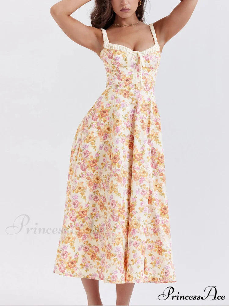 Suspender Patchwork Printed Charming Lace-Up Midi Dress