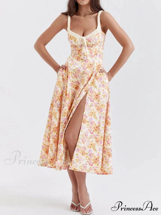 Suspender Patchwork Printed Charming Lace-Up Midi Dress Orange / S