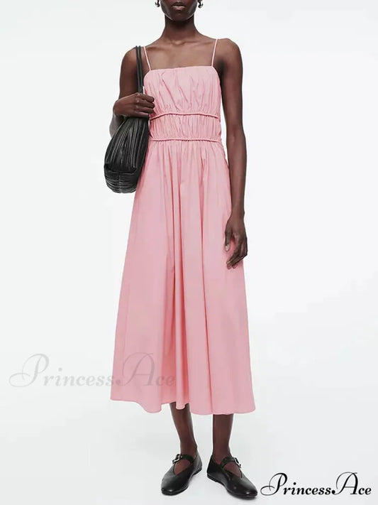 Suspender Pleated Stylish Waist Midi Dress Pink / S