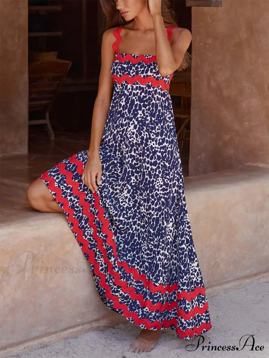 Suspender Print Stylish Maxi Dress Dark Blue / S