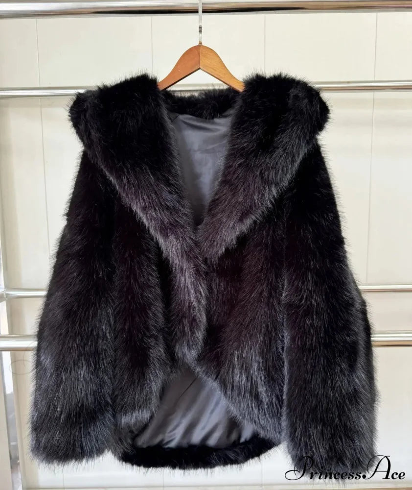 Sustainable Faux Fox Hooded Coat Black / XS coats-241228
