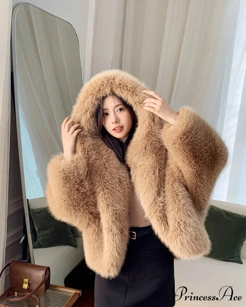 Sustainable Faux Fox Hooded Coat yellowish-brown / XS coats-241228