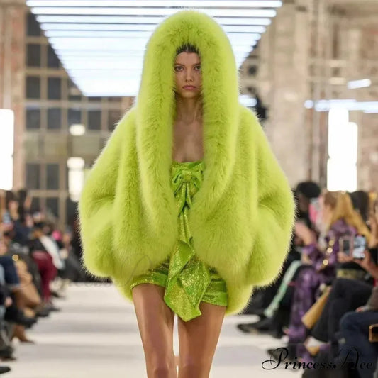 Sustainable Faux Fox Hooded Coat yellowish green / XS coats-241228